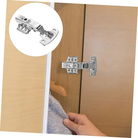 Stainless steel cabinet hinge, rust-resistant, installed on a wooden kitchen cabinet door.