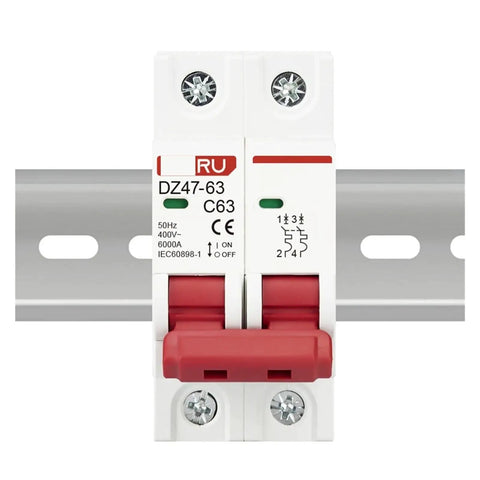 Premium Dual Pole Circuit Breaker With 35Mm Din Rail Mount For 3A To 63A Amps And 400V Ac Panels mounted on DIN rail, showing switch and indicators.
