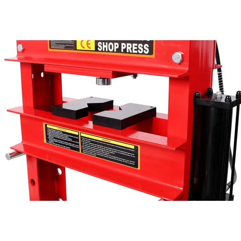 No Sweat 30 Ton Air Hydraulic Shop Press With Built In Gauge And Fast Connect Air Pump, showing worktable and black rubber pads.