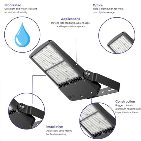 300W/240W/200W/150W LED Flood Light with U Bracket Super Bright 40500LM has adjustable yoke mount for flexible aiming.