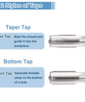 Diagram showing taper and bottom taps of M16 X 2 Metric Hand Tap Set Pro Grade HSS High Speed Steel for threading