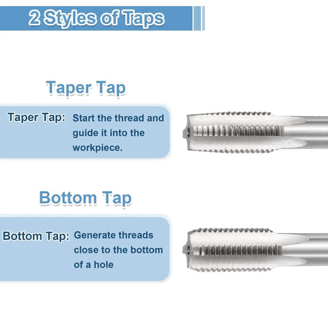 Diagram showing taper and bottom taps of M16 X 2 Metric Hand Tap Set Pro Grade HSS High Speed Steel for threading