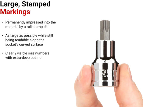 Close-up of Three Eighths Inch Drive Tamper-Resistant Torx Bit Socket TR45 with engraved size marking, held in hand.
