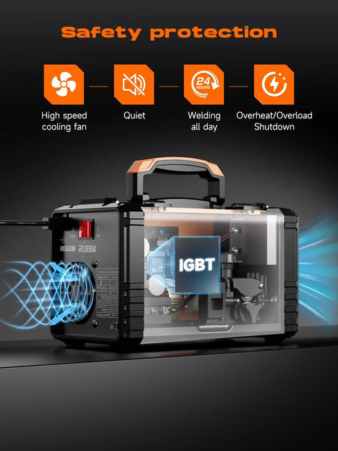 Gasless MIG Welder 110V 3 In 1 Flux Core Arc MIG Lift TIG Welding Machine with open view showing IGBT and safety features