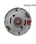 Cool 390 DC Motor With 12V Power Hit 22k RPM And Huge Torque For Robotics Or Automation Projects, showing the back with positive pole labeled.