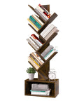 6 Shelf Retro Floor Standing Bookcase in Rustic Brown with books and decor items displayed