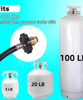 12 Foot Propane Torch Hose With G3/8-19 Left Hand Thread Heavy Duty Weed Burner Flame Hose Replacement shown with propane tanks