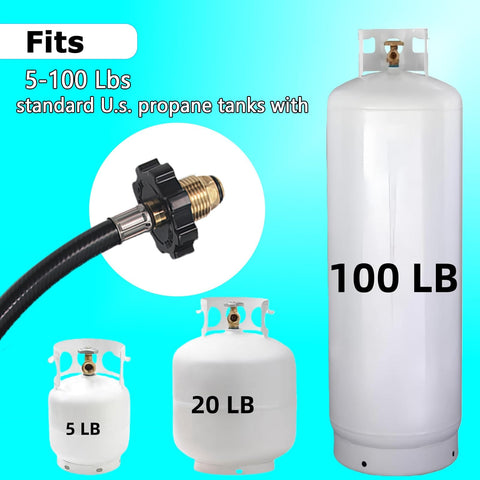12 Foot Propane Torch Hose With G3/8-19 Left Hand Thread Heavy Duty Weed Burner Flame Hose Replacement shown with propane tanks