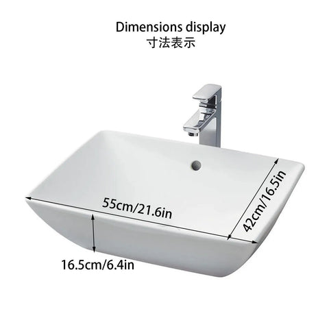 USZWBY Bathroom Vessel Sink Elegant Modern Wash Basin Above Counter Sink dimensions display 55cm x 42cm x 16.5cm for easy installation.