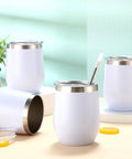 Snag This Solid Bulk Set Of Thirty 12 Ounce Double Wall Insulated Stainless Steel Tumblers With Lids And Straws Plus Cleaning Brushes For Weddings Parties And Favors with white finish and stainless steel rim.