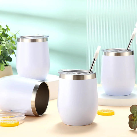 Snag This Solid Bulk Set Of Thirty 12 Ounce Double Wall Insulated Stainless Steel Tumblers With Lids And Straws Plus Cleaning Brushes For Weddings Parties And Favors with white finish and stainless steel rim.