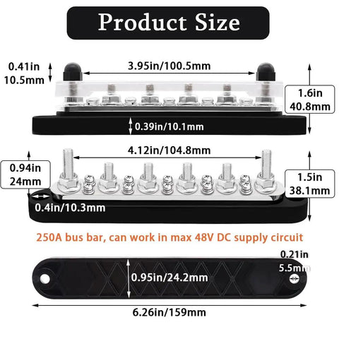 Product size diagram of Battle Ready Heavy Duty 12V Bus Bar And Ground Power Distribution Block 250A Marine Terminal Kit.
