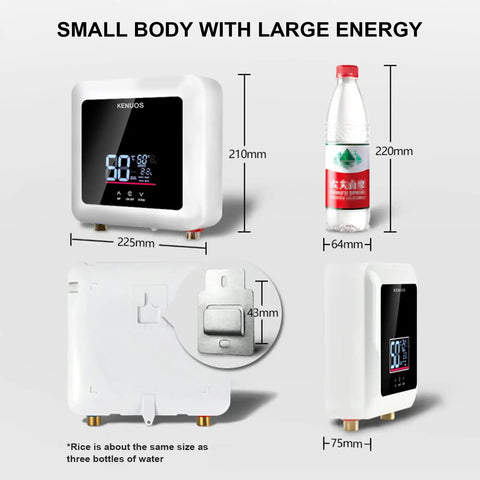 7500W Tankless Electric Water Heater With Remote Control And Digital Display On Demand Hot Water For Home Kitchen Indoor 220V 240V Constant Temperature Guarantee Easy Install with size comparison to bottle