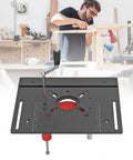 Top Shelf Heavy Duty Manual Router Lift System Kit With Precision Aluminum Insert Base Plate for DIY woodworking setup view from above.
