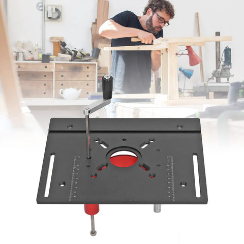 Top Shelf Heavy Duty Manual Router Lift System Kit With Precision Aluminum Insert Base Plate for DIY woodworking setup view from above.