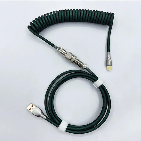 Pro Grade USB A To USB C Spiral Keyboard Cable 1.8M Dark Green Wear Resistant Braided Sheath Aviation Style Plug High Speed Data Transfer For Mechanical Keyboards 8KHz Magnetic Axis Return Ready coiled with metal connector
