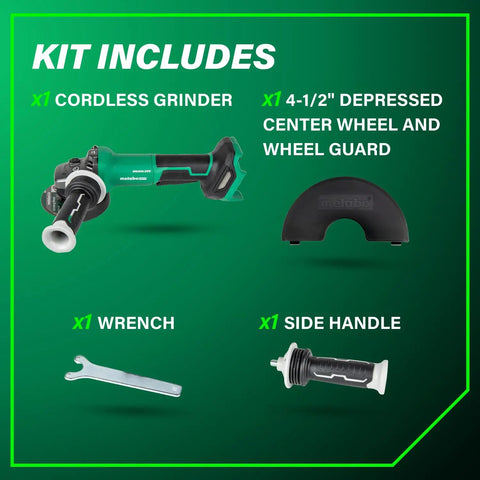 Cordless 4-1/2 Inch Paddle Switch Angle Grinder with a Beast 750W brushless motor and kit accessories depicted.