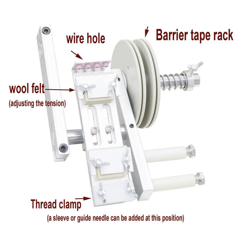 Close-up view of Dual Voltage Automatic Copper Wire Winder Machine showing wool felt, wire hole, and tape rack.