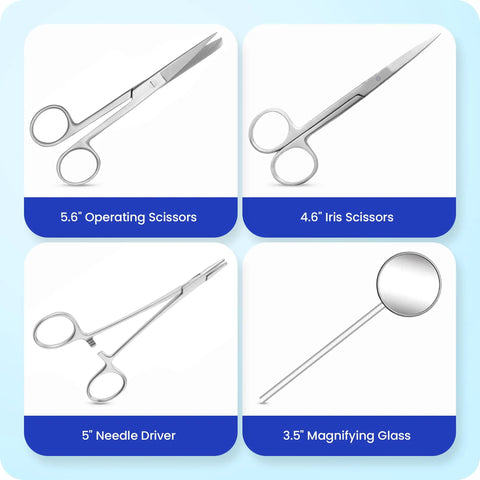 Pro Grade Dissection Kit For Biology Lab And Anatomy Studies With Stainless Steel Scalpel Handle And Blades 38 Piece Set Ideal For Medical And Vet Students Portable Lab Gear For Home Classroom Or Travel, 5.6-inch scissors and 3.5-inch magnifier