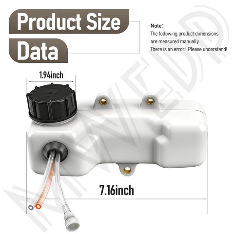 Fuel Tank Kit For Two Cycle Engines With 3 Hole Grommet And 3 Fuel Hoses, measurements shown, white tank with cap