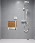 Folding Shower Seat Wall Mounted Bench Teak Wood Chair With 350 Lb Capacity Water Repellent Lacquer Finish Aluminum Bracket