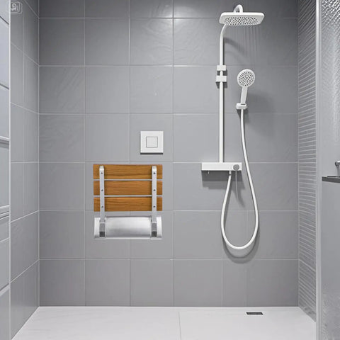 Folding Shower Seat Wall Mounted Bench Teak Wood Chair With 350 Lb Capacity Water Repellent Lacquer Finish Aluminum Bracket