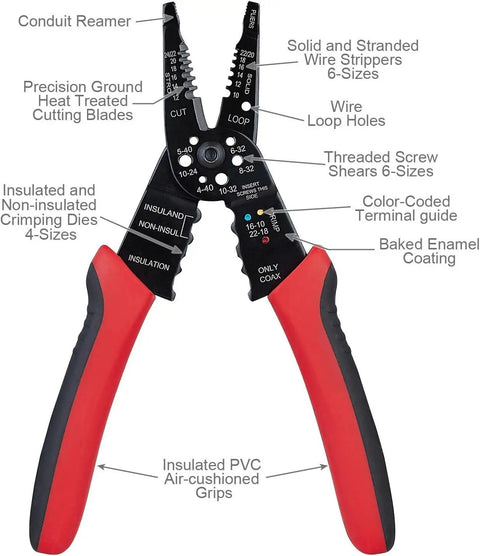 Get The SavvyFIX 8-Inch Professional Wire Stripper Tool, Wire Crimper & Wire Cutter with red insulated grips for cutting and stripping.