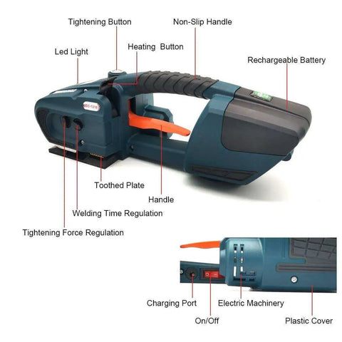Automatic Electric Strapping Machine With Hot Melt Welding Seal And Rechargeable Battery For No Sweat Carton Boxing detailed view with controls.