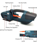 No Sweat Battery Powered Electric Strapping Machine Featuring Hot Melt Welding, rugged handle and buttons for easy operation.