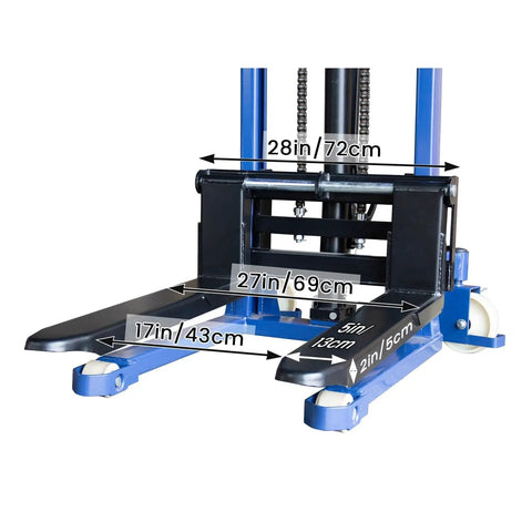 Close-up of Manual Pallet Stacker 2200 Lbs Capacity Hand Pallet Forklift With 63 Inch Lift Height Adjustable Forks showing dimensions.