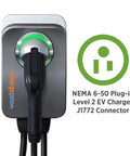 Top Shelf Level 2 EV Charger With J1772 Connector And Nema 650 Plug For Smooth Home Charging Vibe Featuring Smart App Controls - close up of charger with plug.