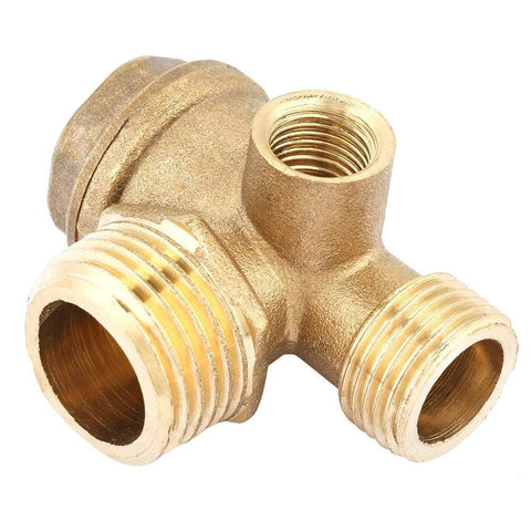 Three Port Air Compressor Check Valve With Male And Female Threads Brass Pneumatic Valve For Quick Connects Replaces Worn Valves In Tanks And Piston Pumps The Real Workhorse For Your Air System showing brass threads