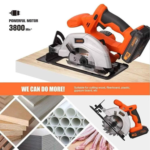 Top Shelf 5.5 Inch Cordless Circular Saw With 20V Battery And Quick Adjustable Bevel Up To 45 Degrees Comes With Rip Guide For Hassle Free Woodworking Projects on wood surface.