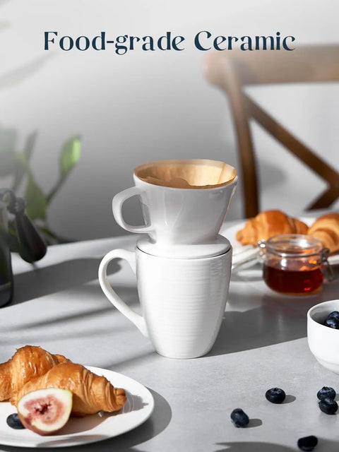 Porcelain Pour Over Coffee Dripper Non Electric Hands On No Fuss Manual Brew Maker For Single Cup Brews on a table with pastries