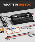 14.6V 40A Lithium Battery Charger For LiFePO4 12V Batteries with AC cable, DC cable, 50A Anderson connector, and manual