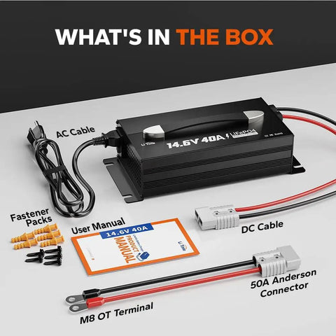 14.6V 40A Lithium Battery Charger For LiFePO4 12V Batteries with AC cable, DC cable, 50A Anderson connector, and manual