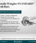 Image of WingIts STANDARD Grab Bars installation guide for different wall types, featuring a close-up of grab bar fasteners and screw.