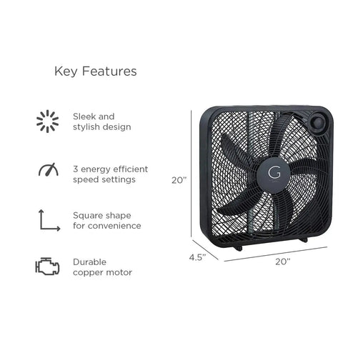 20 Inch High Velocity Box Fan With 3 Speed Settings, Carry Handle, Durable Copper Motor For Strong Airflow And Quick Cooling