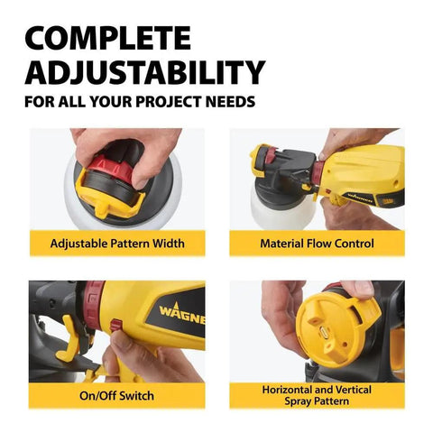 Features of Control Painter HVLP Handheld Paint Sprayer with adjustable pattern, flow control, and spray pattern for decks and more.