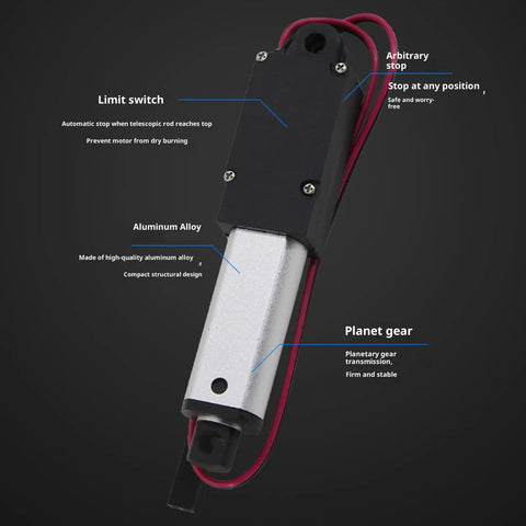 Solid 12V Electric Linear Actuator With Telescopic Aluminum Body And Built In Limit Switches For Auto Stopping Smooth Stroke On Compact Doors And Light Duty Gear That Works Like A Charm Right Out The Box Today showing limit switch, aluminum alloy body with wires, and planetary gear design.