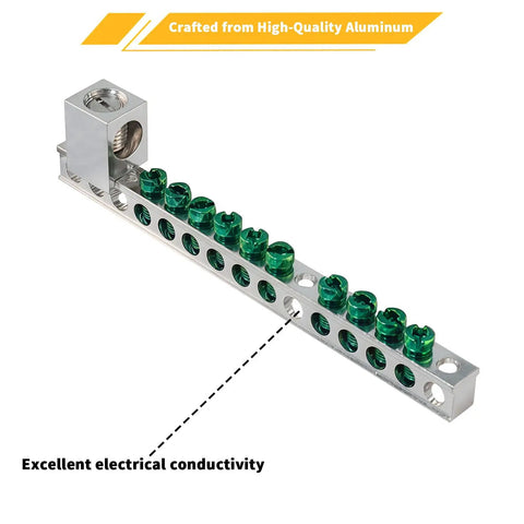 Heavy Duty Ten Terminal Grounding Bar Kit For Eaton Br Ch Load Centers Breaker Box Electrical Panel Upgrades, aluminum build with green lugs.