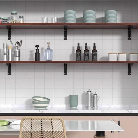 Heavy-Duty Wall Mount Shelf Brackets Rock Solid L Braces Built Tough For Max Weight Up To 150 Pounds Matte Black Steel supports open kitchen shelving.