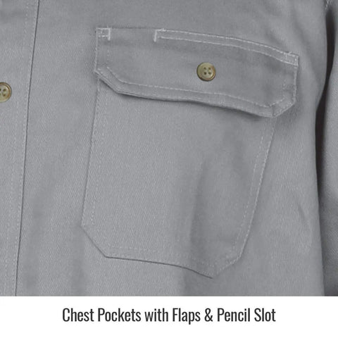Super Durable Flame Resistant Work Shirt In Large Gray Size Rugged Fr Cotton showing chest pocket detail with shatter proof buttons.