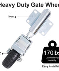 Heavy Duty Gate Support Wheel That Handles Weight Like A Champ And Rolls Buttery Smooth With Spring Loading And Foot Brake Ideal For Wood Or Metal Yards Rated 170 Lbs Zero Hiccups Daily close-up view showing iron and PVC materials.