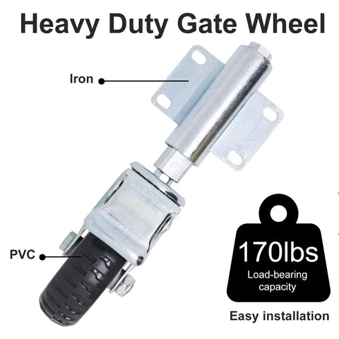 Heavy Duty Gate Support Wheel That Handles Weight Like A Champ And Rolls Buttery Smooth With Spring Loading And Foot Brake Ideal For Wood Or Metal Yards Rated 170 Lbs Zero Hiccups Daily close-up view showing iron and PVC materials.