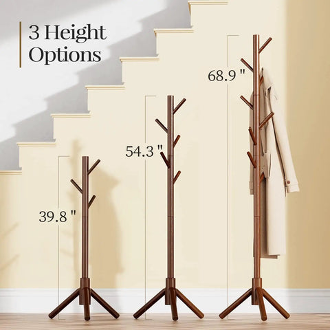 Sturdy Wooden Coat Tree With Eight Hooks Height Adjustable At 39.8 54.3 And 68.9 Inches Hat Stand For Bedroom Office Or Entryway