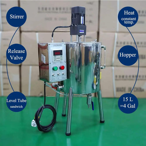 Plug And Play Commercial Filling System With Built In Heater And Stirrer For Creams Lotions Honey Pumping High Octane Workflow Straight Up Reliable 100 Gallon Tank 15L stainless tank with heater, stirrer, and release valve.