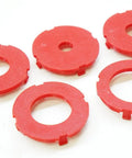 Premium Router Table Insert Ring Set With Five Zero Clearance Inserts For Dead Nuts Alignment And Slick Routing showing five red plastic inserts.
