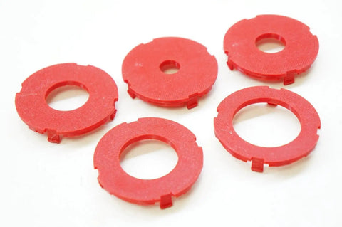 Premium Router Table Insert Ring Set With Five Zero Clearance Inserts For Dead Nuts Alignment And Slick Routing showing five red plastic inserts.