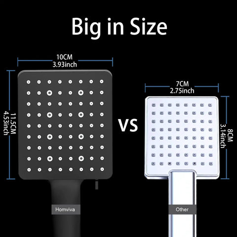 Comparison of two shower heads, left is the High Pressure Shower Head With Handheld Detachable System, larger in size.